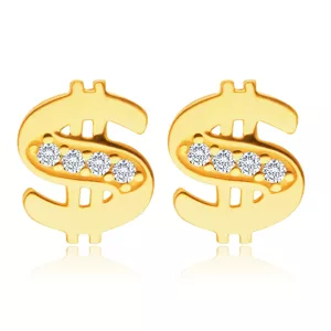 14K sárga arany gyémánt fülbevaló – dollárjel, apró, átlátszó briliánsokkal díszítve