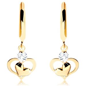 Briliáns 585 arany fülbevaló - fényes karika függő gyémánttal és szívekkel