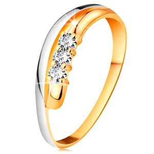 Briliáns gyűrű 14K aranyból, hullámos kétszínű szárak, három átlátszó gyémánt - Nagyság: 50