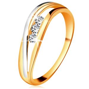 Brilliáns gyűrű 14K aranyból, hullámos kétszínű szárak, három átlátszó gyémánt - Nagyság: 62