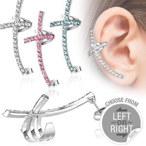 Fake piercing a fülbe acélból - színes ívelt kereszt cirkóniákkal - A piercing alakja: Jobb, A cirkónia színe: Rózsaszín - P