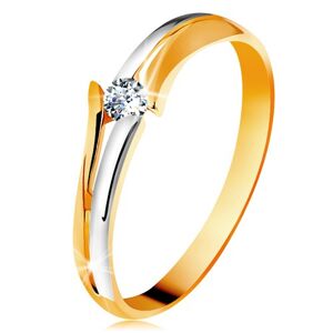 Gyémánt 585 arany gyűrű, csillogó átlátszó briliáns, osztott kétszínű szárak - Nagyság: 48