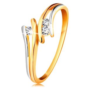 Gyémánt 585 arany gyűrű, három csillogó átlátszó briliáns, osztott kétszínű szárak - Nagyság: 64
