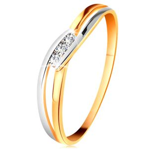 Gyémánt gyűrű 14K aranyból, három átlátszó briliáns, kettéválasztott hullámos szárak - Nagyság: 62