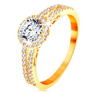 Gyűrű 14K sárga aranyból - átlátszó cirkónia csillogó szegéllyel, díszített szárak - Nagyság: 65