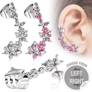 Hamis acél piercing a fülbe - pillangók és virágok cirkóniákkal, bal - A piercing alakja: Jobb, A cirkónia színe: Rózsaszín - P