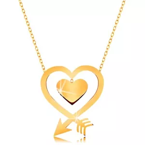 Nyaklánc sárga 9K aranyból - vékony lánc, szív körvonal nyílból, szív